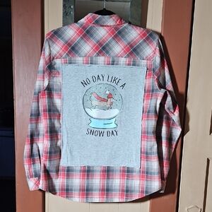 Red, Gray and Cream Flannel Plaid Button Down Shirt With Snow Day Design On Back
